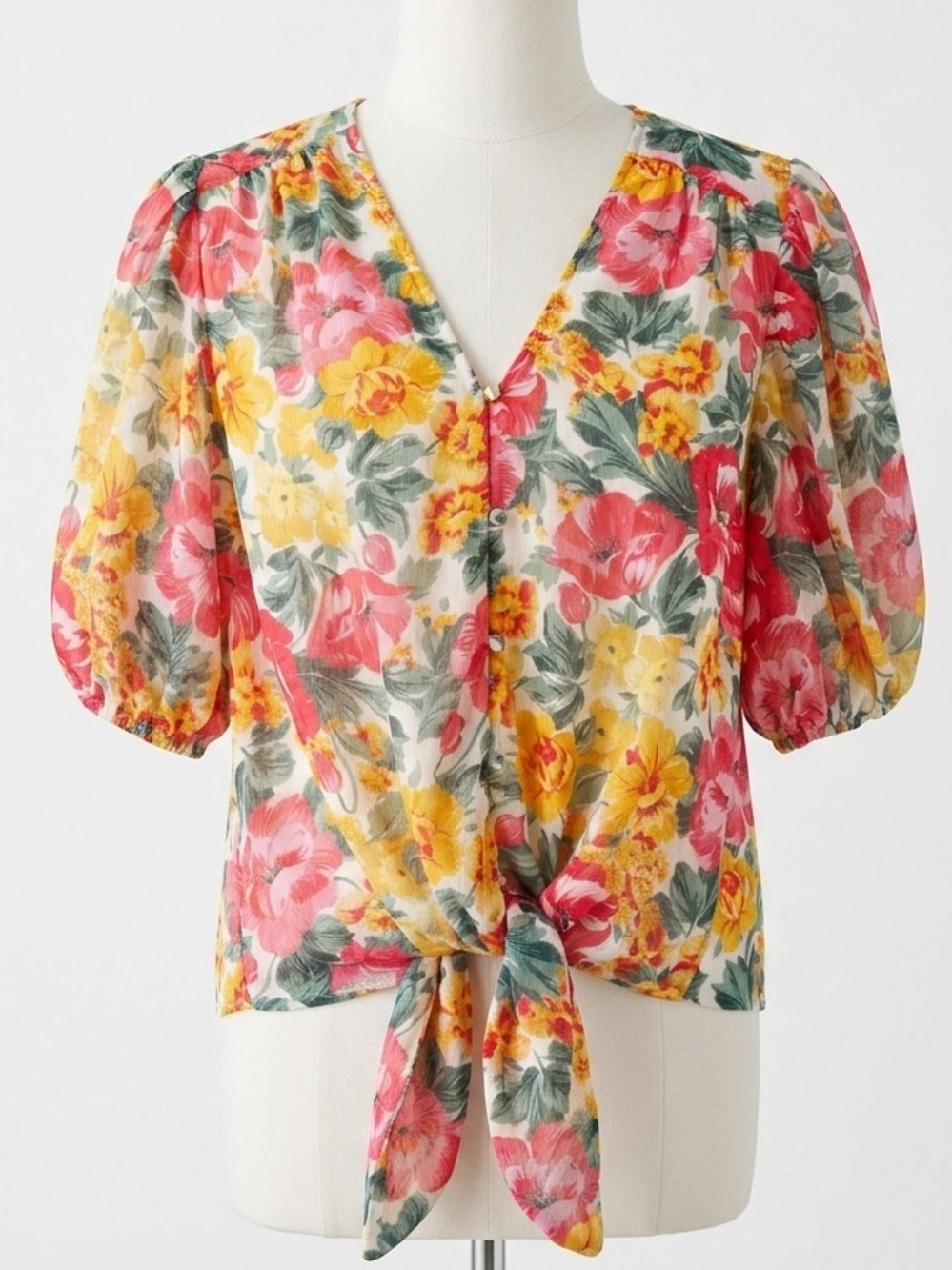 Tamara H Floral Puff Sleeve Front Tie V-Neck Blouse Top Pink Yellow Coral L